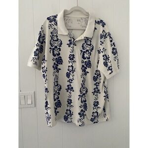 Gap Printed Pique Mens XL Polo Shirt Blue White Floral Cotton